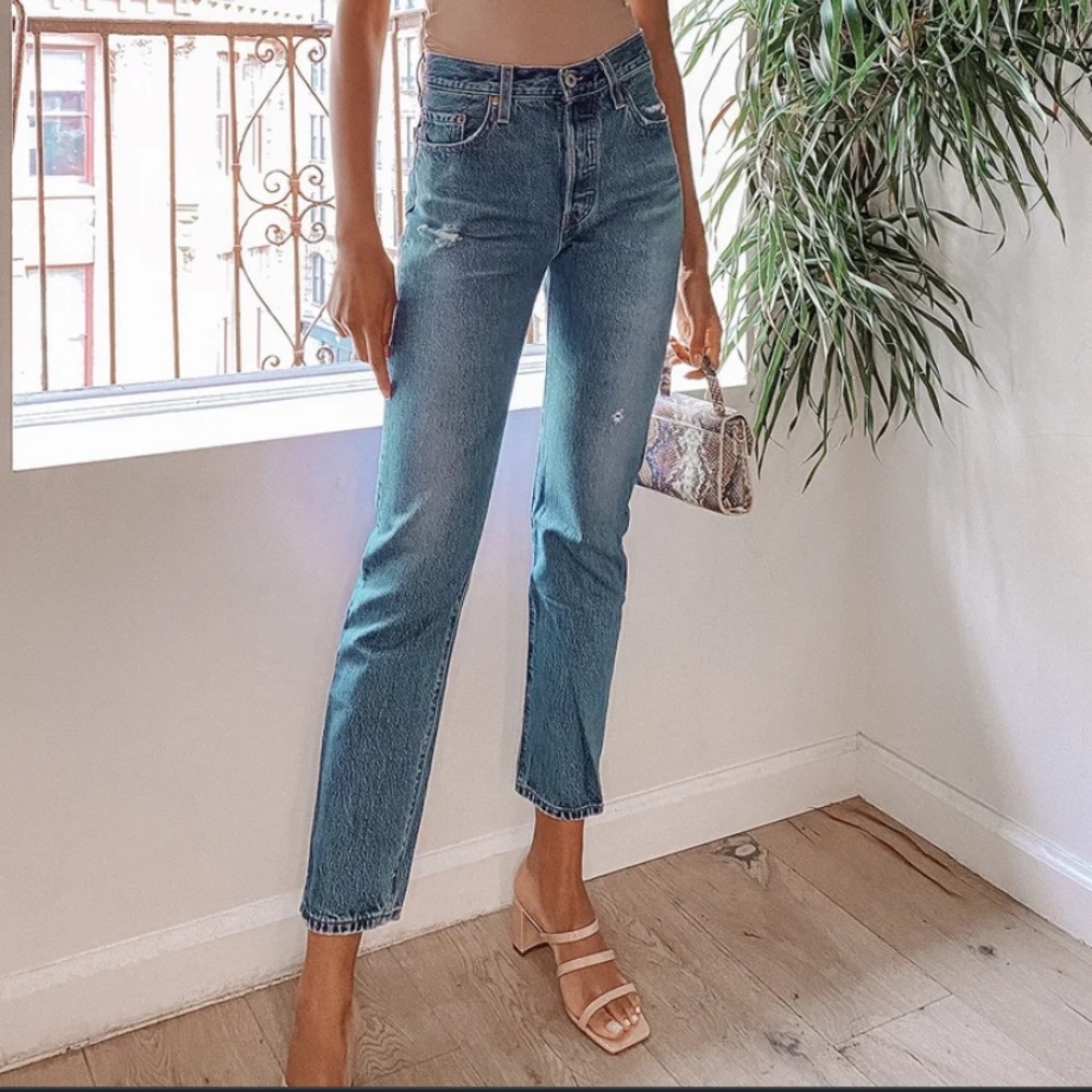 501 Original Fit Distressed Dark Wash High-Rise Jeans